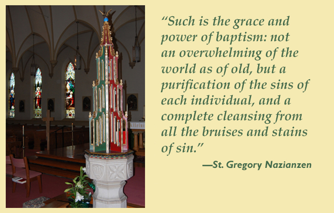 The baptismal font, with its ornate polychromed cover, is the scene of baptisms at the Easter Vigil as well as other times.