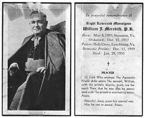 Mass card for Msgr. William Meredith (died January 28, 1953)