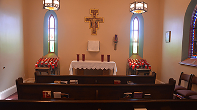 The adoration chapel offers an opportunity to spend time in prayer before the Blessed Sacrament.