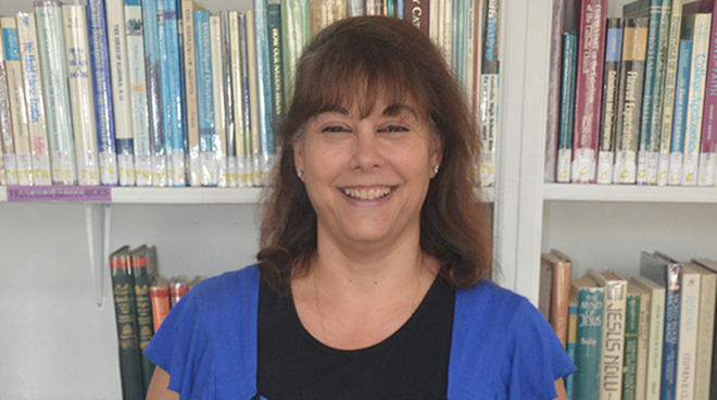 The parish library contains a collection of nearly a thousand materials on a large array of Christian subjects; Cyndi Little is the librarian.